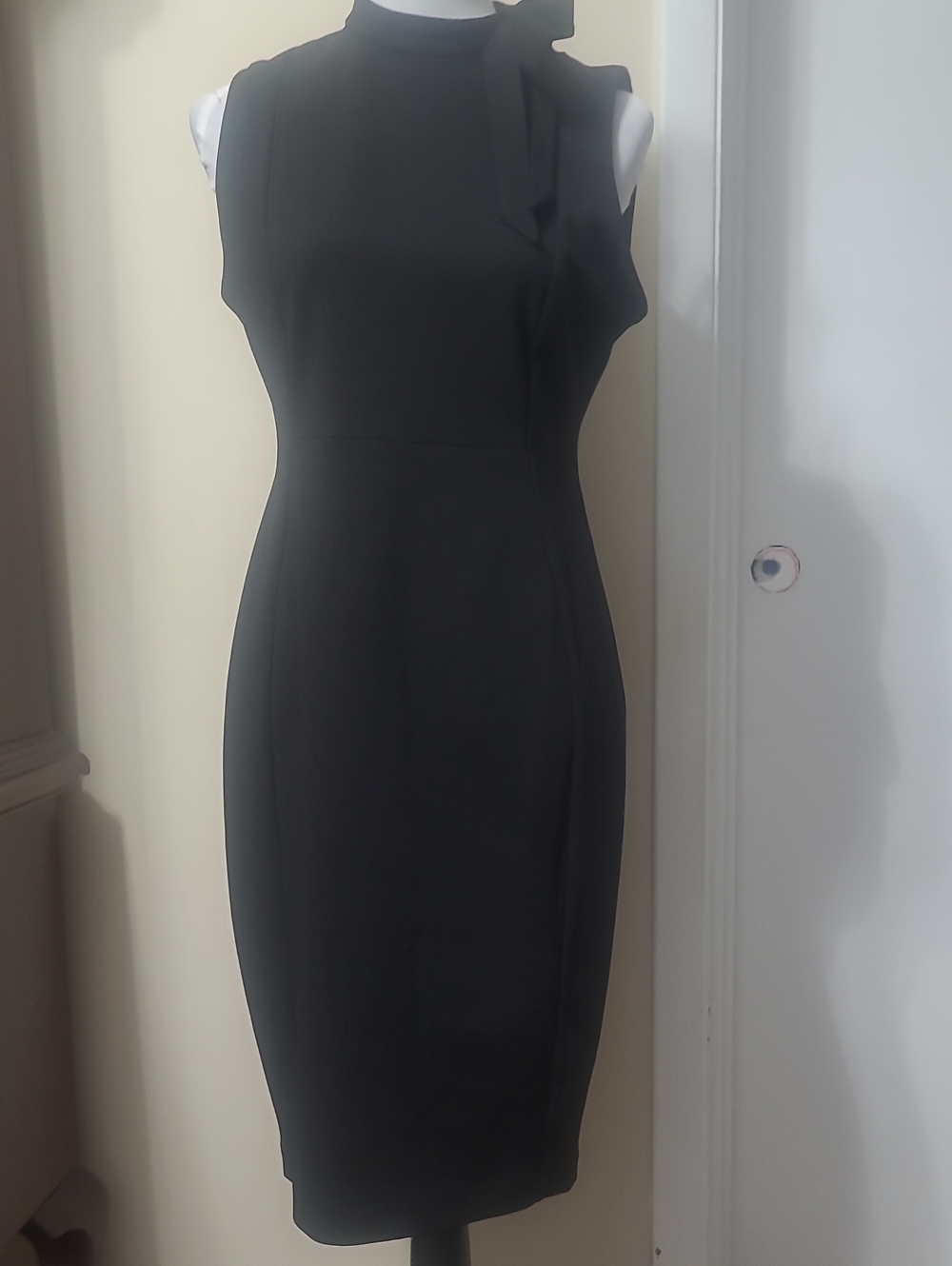 Calvin Klein Black Sleeveless Midi Sheath Dress with Neck Tie